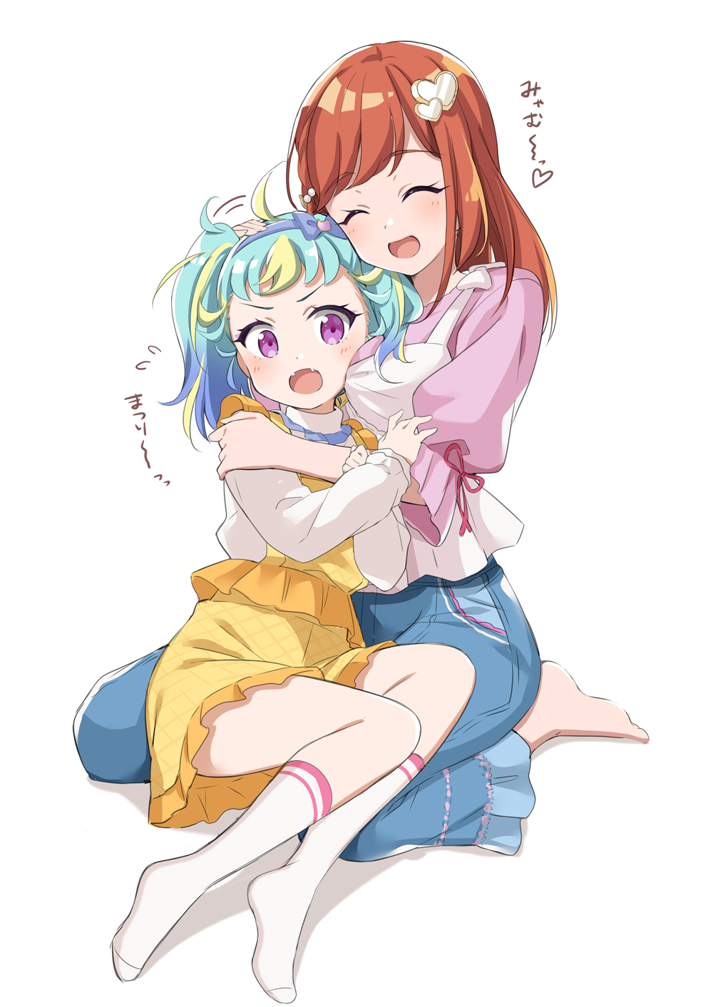 2girls, blonde_hair, blue_hair, blue_pants, blush, bow_hairband, breast_smother, brown_hair