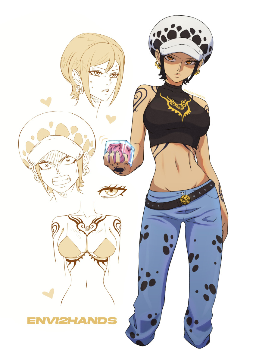 1girl, absurdres, angry, arm_tattoo, bikini, black_hair, black_shirt, breasts, earrings, envi2hands, genderswap, genderswap_(mtf), hat, heart, highres, holding, holding_heart, jewelry, midriff, one_piece, orange_eyes, shirt, short_hair, sweat, swimsuit, tattoo, trafalgar_law