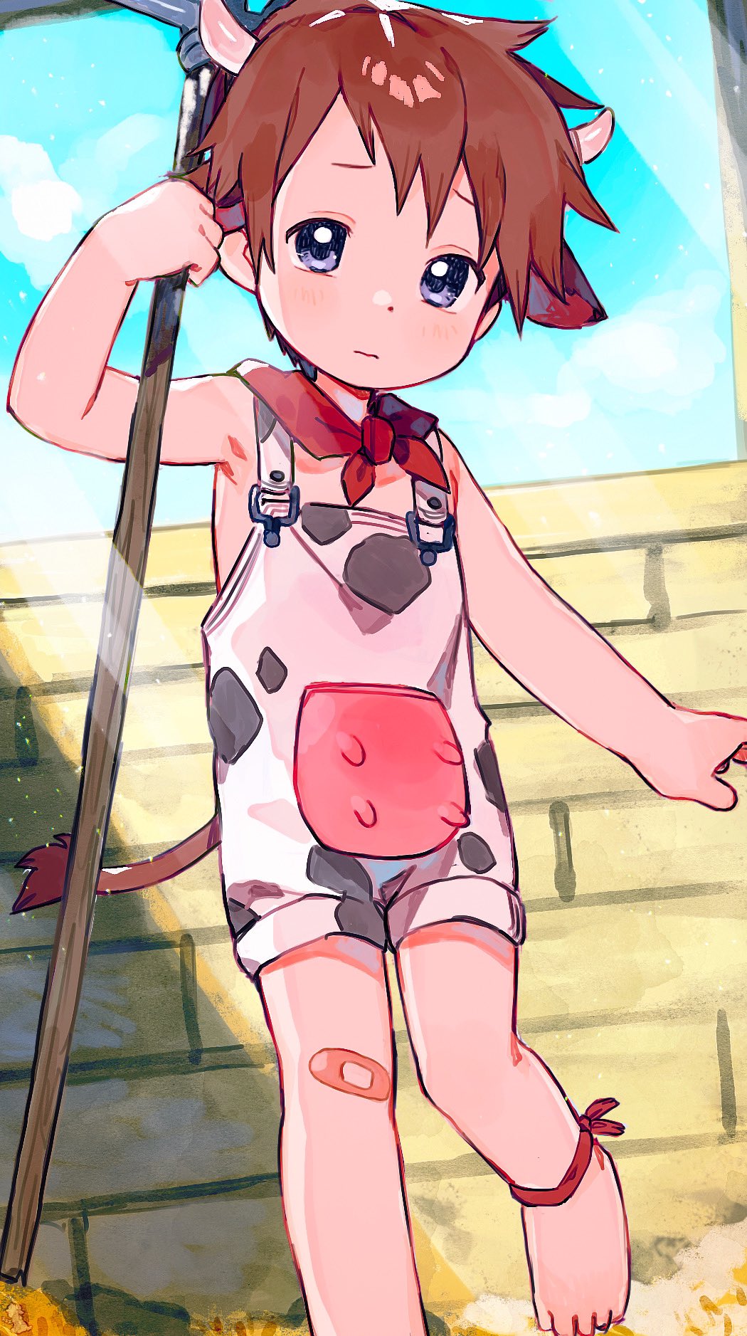 1boy, animal_ears, anklet, ascot, bandaid, bandaid_on_leg, blue_eyes, brick_wall