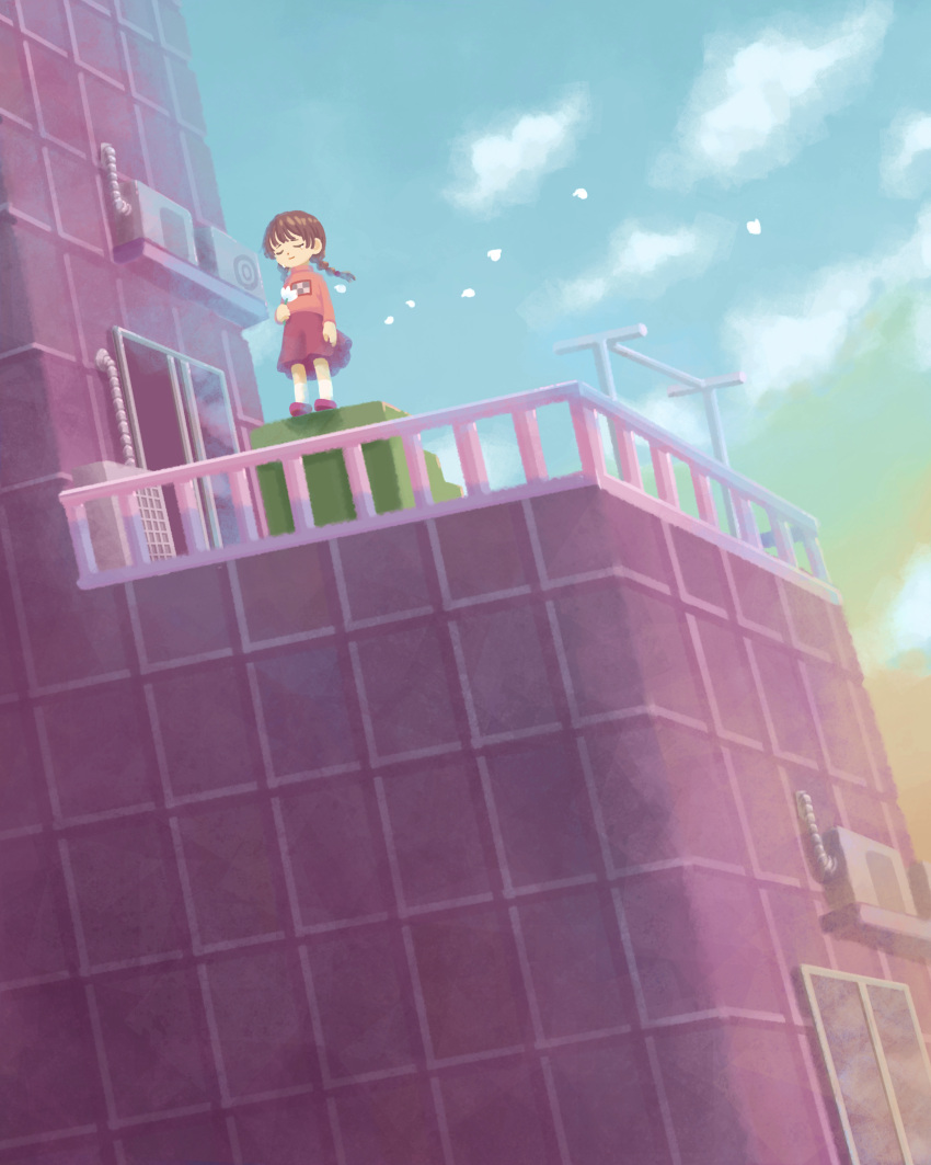 1girl, absurdres, arm_at_side, balcony, blue_sky, building, closed_eyes, closed_mouth, clothesline, clouds, cloudy_sky, commentary_request, crying, dutch_angle, facing_viewer, floating_hair, flower, glass_door, gradient_sky, green_sky, highres, holding, holding_flower, imminent_suicide, kneehighs, ledge, long_sleeves, madotsuki, niwasakino_daei, open_door, orange_sky, petals, pink_sweater, print_sweater, purple_footwear, purple_skirt, railing, sad_smile, skirt, sky, sliding_doors, smile, socks, solo, spoilers, stairs, standing, sweater, turtleneck, turtleneck_sweater, white_flower, white_socks, wide_shot, wind, yume_nikki