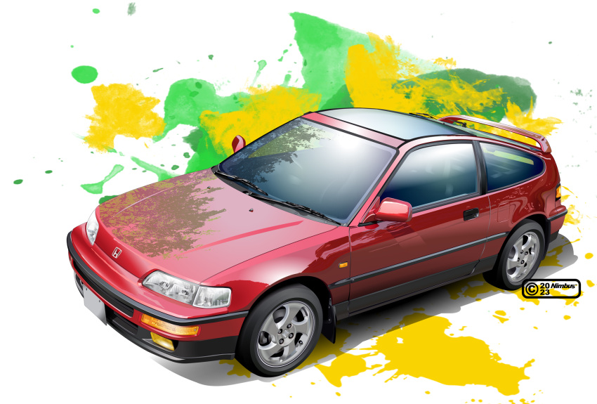 artist_name, car, copyright, dated, highres, honda, honda_cr-x, motor_vehicle, nimbus_goldbrum, no_humans, original, spoiler_(automobile), vehicle_focus