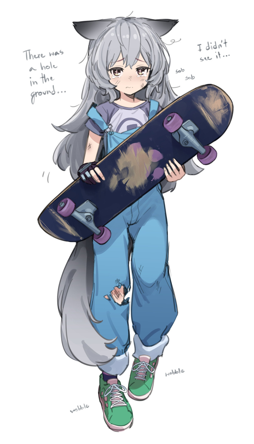 1girl, absurdres, animal_ears, artist_request, black_gloves, blue_overalls, brown_eyes, fingerless_gloves