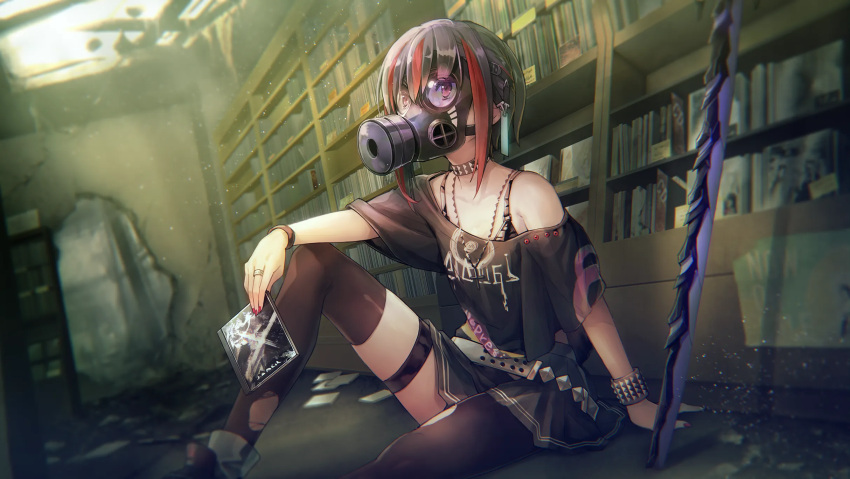 1girl, abandoned, black_hair, black_thighhighs, gas_mask, heaven_burns_red, highres, indoors, mask, mikoto_fubuki, mouth_mask, multicolored_hair, non-web_source, official_art, pleated_skirt, red_eyes, redhead, skirt, solo, streaked_hair, surgical_mask, sword, thigh-highs, thigh_strap, weapon