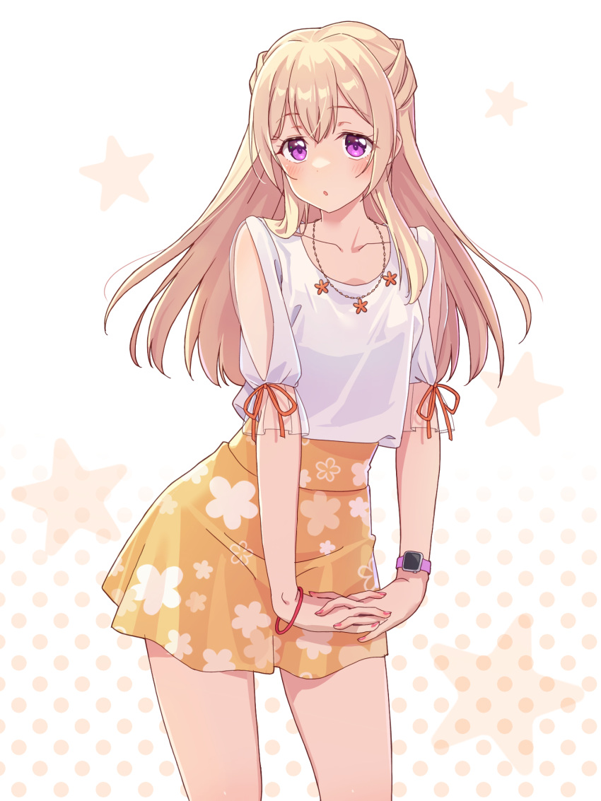 1girl, bang_dream!, blonde_hair, collarbone, floral_print, half_updo, highres, interlocked_fingers, jewelry, light_blush, long_hair, necklace, open_mouth, orange_ribbon, own_hands_clasped, own_hands_together, parted_lips, polka_dot, polka_dot_background, print_skirt, red_wristband, ribbon, shirasagi_chisato, shirt, short_sleeves, skirt, sleeve_ribbon, solo, starry_background, upturned_eyes, violet_eyes, watch, watch, white_shirt, yazawa_happyaro, yellow_skirt