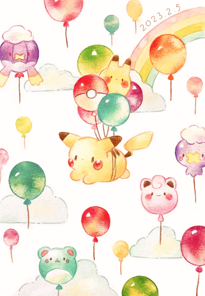 absurdres, balloon, character_balloon, clefairy, clouds, colored_pencil_(medium), commentary_request, dated