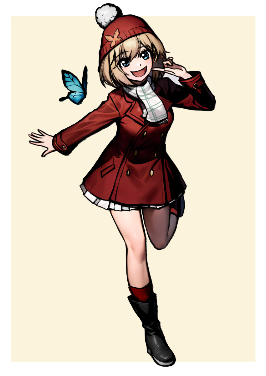 1girl, :d, absurdres, beanie, black_footwear, blonde_hair, blue_eyes, boots
