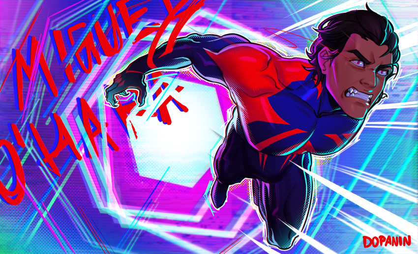 1boy, absurdres, animal_print, artist_name, blue_bodysuit, bodysuit, brown_hair, character_name, cheekbones, claws, dark-skinned_male, dark_skin, dopanin, fangs, foreshortening, full_body, hair_slicked_back, highres, jumping, large_pectorals, male_focus, marvel, mature_male, miguel_o'hara, muscular, muscular_male, pectorals, portal_(object), print_bodysuit, red_background, red_bodysuit, red_eyes, solo, spider-man:_across_the_spider-verse, spider-man_(series), spider_print, thick_eyebrows, two-tone_bodysuit, wrinkled_skin