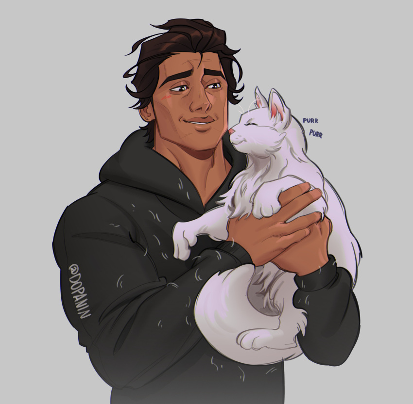 absurdres, animal, black_eyes, black_hair, blush, brown_hair, casual, cat