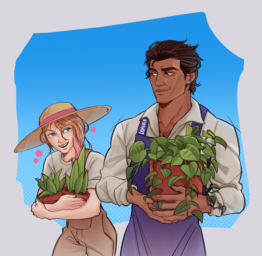 1boy, 1girl, absurdres, apron, blue_eyes, brown_hair, casual, chest_hair