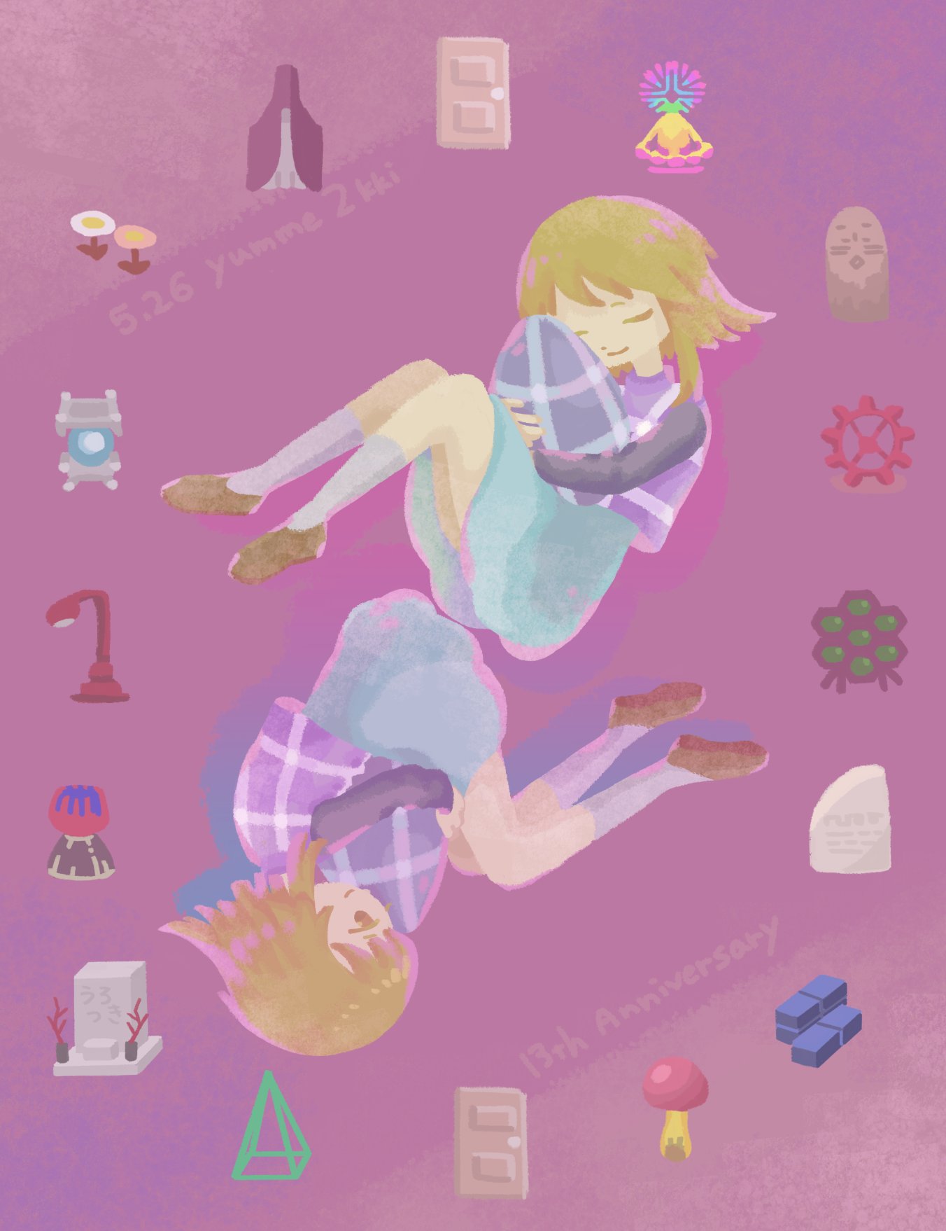 2girls, anniversary, aqua_skirt, black_sleeves, blonde_hair, book, brown_eyes, brown_footwear