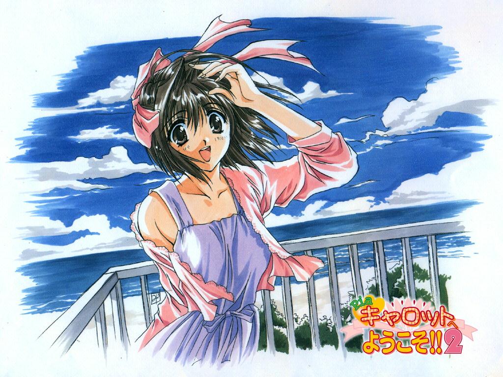 ahoge, balcony, beach, bow, brown_eyes, brown_hair, collarbone, dress