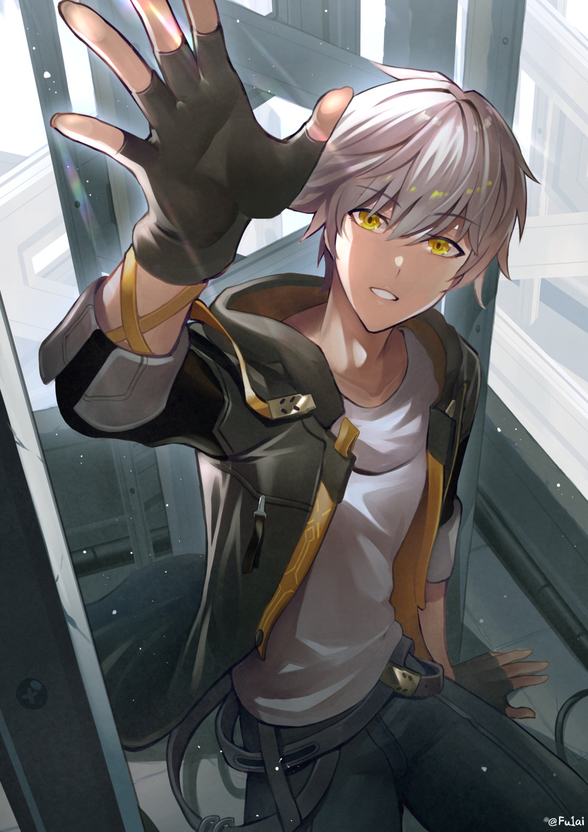 1boy, absurdres, arm_up, black_gloves, black_jacket, caelus_(honkai:_star_rail), fu1ai, gloves, grey_hair, hair_between_eyes, highres, honkai:_star_rail, honkai_(series), jacket, long_sleeves, looking_at_viewer, male_focus, shirt, short_hair, smile, trailblazer_(honkai:_star_rail), white_shirt, yellow_eyes