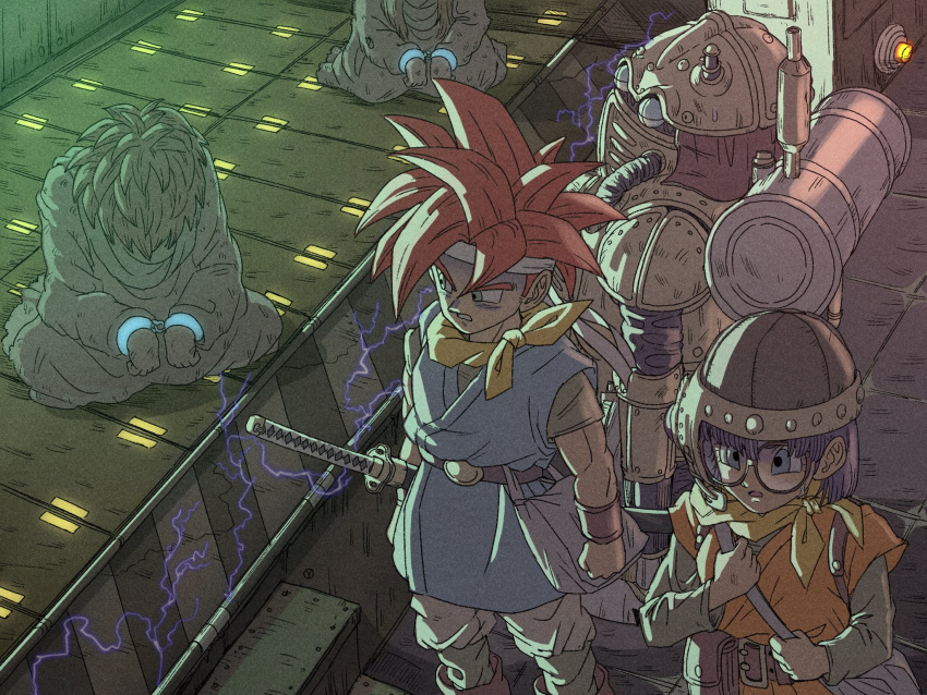2girls, belt, chrono_trigger, crono_(chrono_trigger), cuffs, electricity, glasses, handcuffs