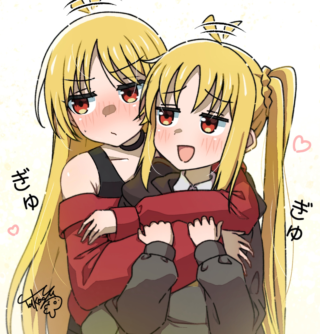 2girls, :d, ahoge, ahoge_wag, bare_shoulders, black_choker, black_tank_top, blonde_hair