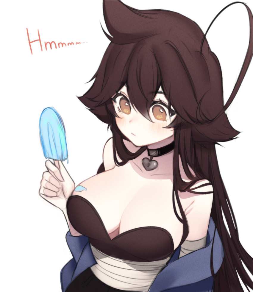 1girl, absurdres, blush, breasts, brown_eyes, brown_hair, choker, food