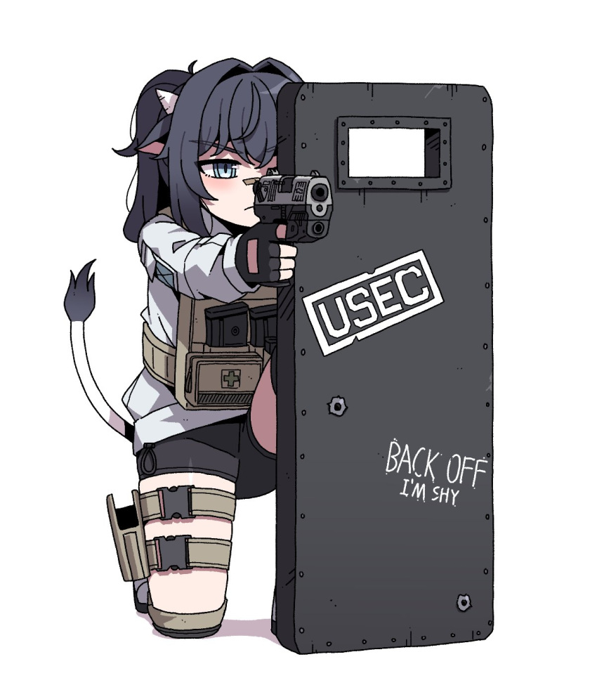 1girl, animal_ears, black_gloves, black_shorts, blue_eyes, blue_hair, cat_ears, cat_girl, cat_tail, chest_rig, english_text, fingerless_gloves, gloves, gun, handgun, highres, holding, holding_gun, holding_weapon, karepack, original, riot_shield, shield, shirt, shorts, solo, squatting, tail, weapon, weapon_request, white_background, white_shirt