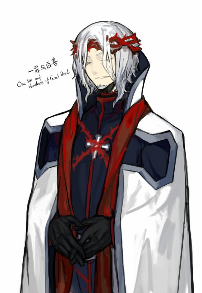 1boy, beard, black_gloves, blue_coat, cape, closed_eyes, coat, crown_of_thorns