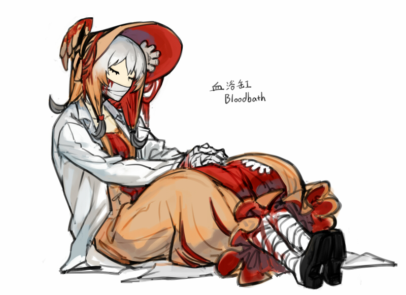 1girl, bandaged_leg, bandages, bear_hair_ornament, blood, bloodbath_(project_moon), bonnet, closed_eyes