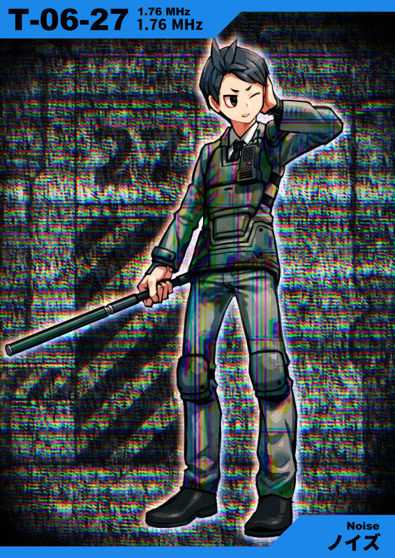 1.76_mhz, 1boy, antenna_hair, armor, baton, black_eyes, black_footwear, black_hair