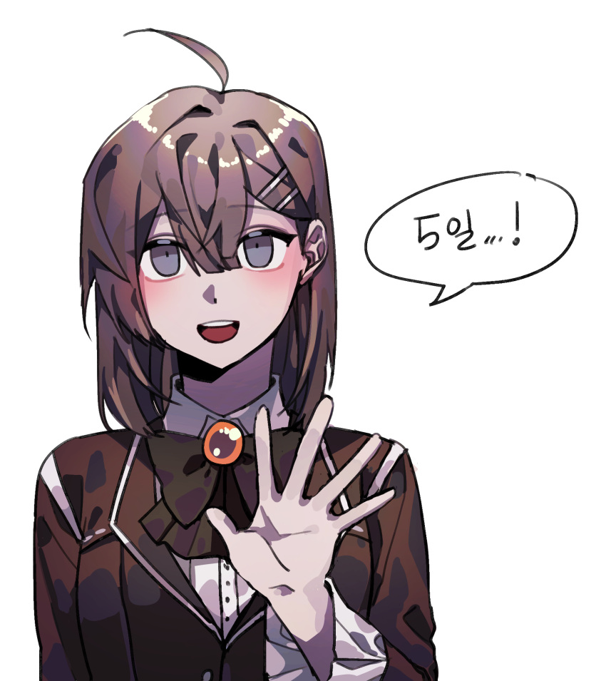1girl, ahoge, black_ribbon, blue_eyes, breasts, brooch, brown_hair, brown_jacket