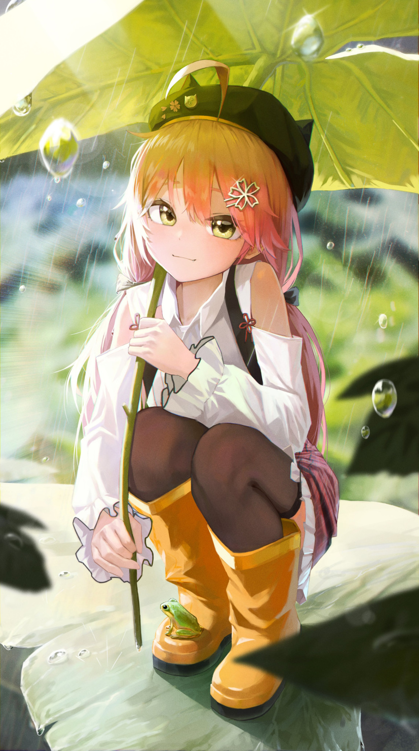1girl, absurdres, ahoge, animal, animal_on_foot, blurry, blurry_background, blurry_foreground