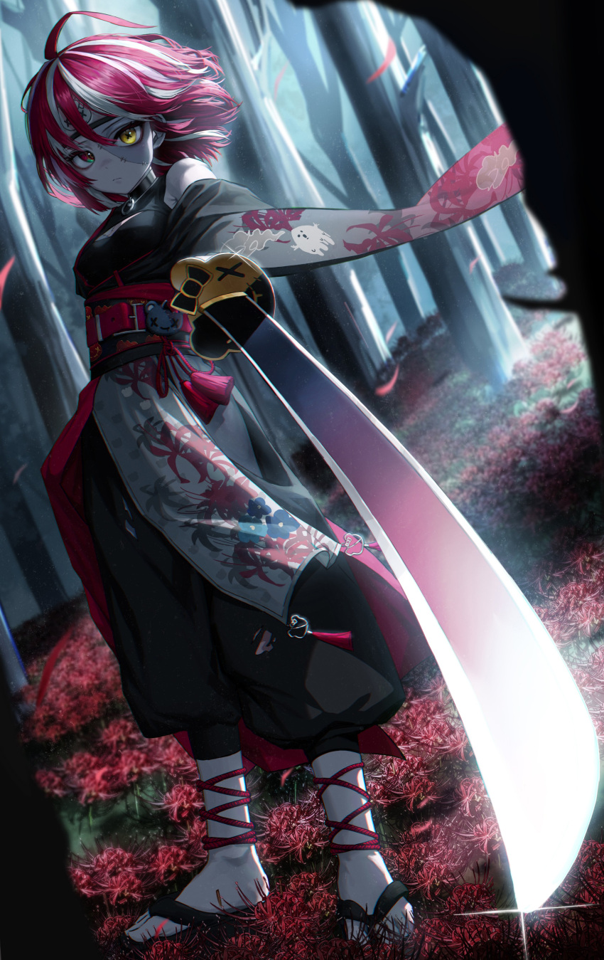 1girl, absurdres, black_kimono, blurry, blurry_background, camellia_print, colored_skin, commentary, deuljjugnaljjug, expressionless, floral_print, flower, forehead_protector, forest, glint, green_eyes, grey_skin, heterochromia, highres, holding, holding_sword, holding_weapon, hololive, hololive_indonesia, japanese_clothes, katana, kimono, kureiji_ollie, kureiji_ollie_(4th_costume), multicolored_eyes, multicolored_hair, nature, official_alternate_costume, patchwork_skin, petals, red_eyes, redhead, sandals, short_hair, solo, spider_lily, spider_lily_print, stitched_face, stitches, sword, symbol-only_commentary, symbol-shaped_pupils, tree, virtual_youtuber, weapon, wide_sleeves, wind, x-shaped_pupils, yellow_eyes, zombie