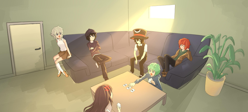 6+others, absurdres, alternate_costume, anger_vein, baseball_cap, black_eyes, black_footwear, black_hair