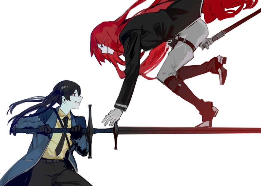 2girls, black_footwear, black_gloves, black_hair, black_jacket, black_pants, blue_coat, boots, cane, coat, gloves, holding, holding_cane, holding_sword, holding_weapon, isadora_(library_of_ruina), jacket, librarian_(library_of_ruina), library_of_ruina, long_hair, long_sleeves, multiple_girls, nishikujic, pants, parted_lips, project_moon, red_eyes, redhead, simple_background, smile, standing_on_sword, sword, twintails, very_long_hair, weapon, white_background, white_pants