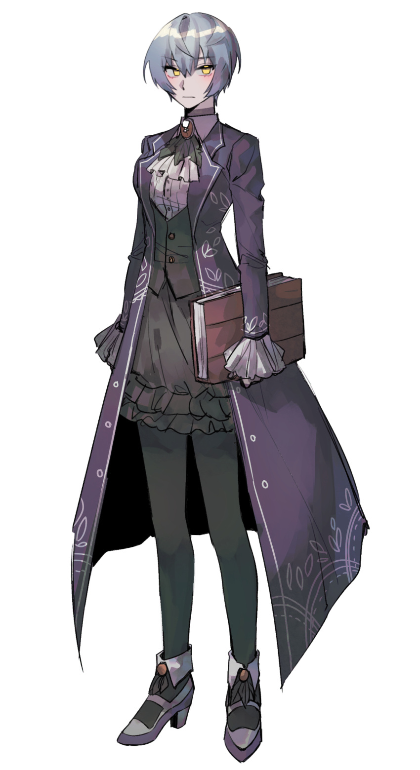 :|, absurdres, angela_(project_moon), ascot, black_feathers, black_pantyhose, black_skirt, black_vest, blue_hair, book, breasts, brooch, closed_mouth, coat, collared_shirt, commentary, english_commentary, feathers, frilled_skirt, frilled_sleeves, frills, full_body, hair_between_eyes, high_heels, highres, holding, holding_book, jewelry, library_of_ruina, long_sleeves, medium_breasts, open_clothes, open_coat, pantyhose, project_moon, purple_coat, shirt, short_hair, simple_background, skirt, solo_a, vest, white_ascot, white_background, white_shirt, yellow_eyes