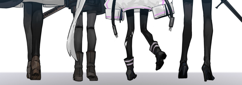 4girls, black_footwear, black_pantyhose, black_skirt, brown_footwear, dalloc_(library_of_ruina), from_behind, jacket