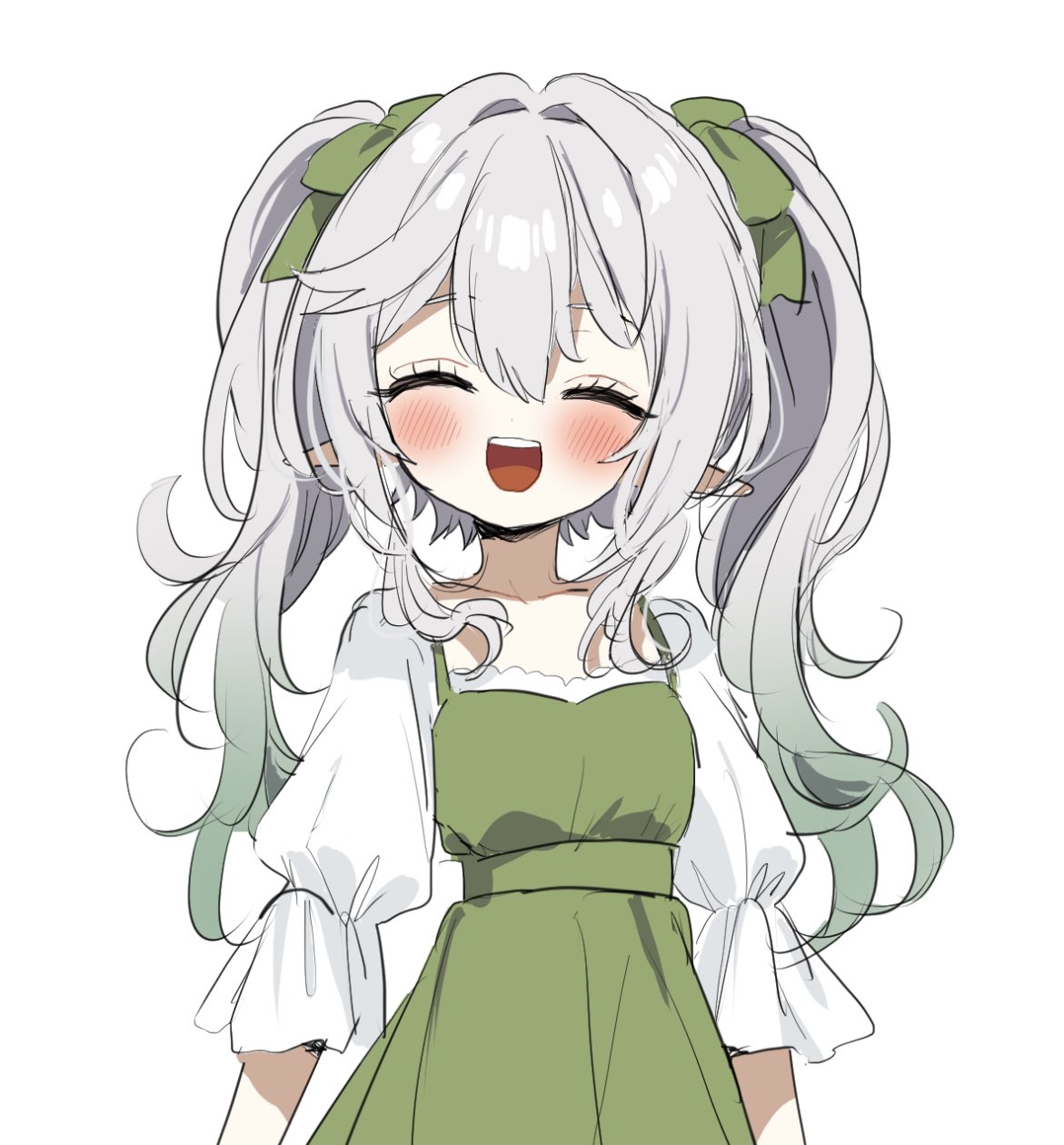 1girl, alternate_costume, alternate_hairstyle, bow, child, closed_eyes, dress, female_child, genshin_impact, gradient_hair, green_dress, green_hair, hair_between_eyes, hair_bow, highres, hirarinoie, long_hair, multicolored_hair, nahida_(genshin_impact), open_mouth, pointy_ears, puffy_sleeves, sidelocks, smile, solo, twintails, white_background, white_hair