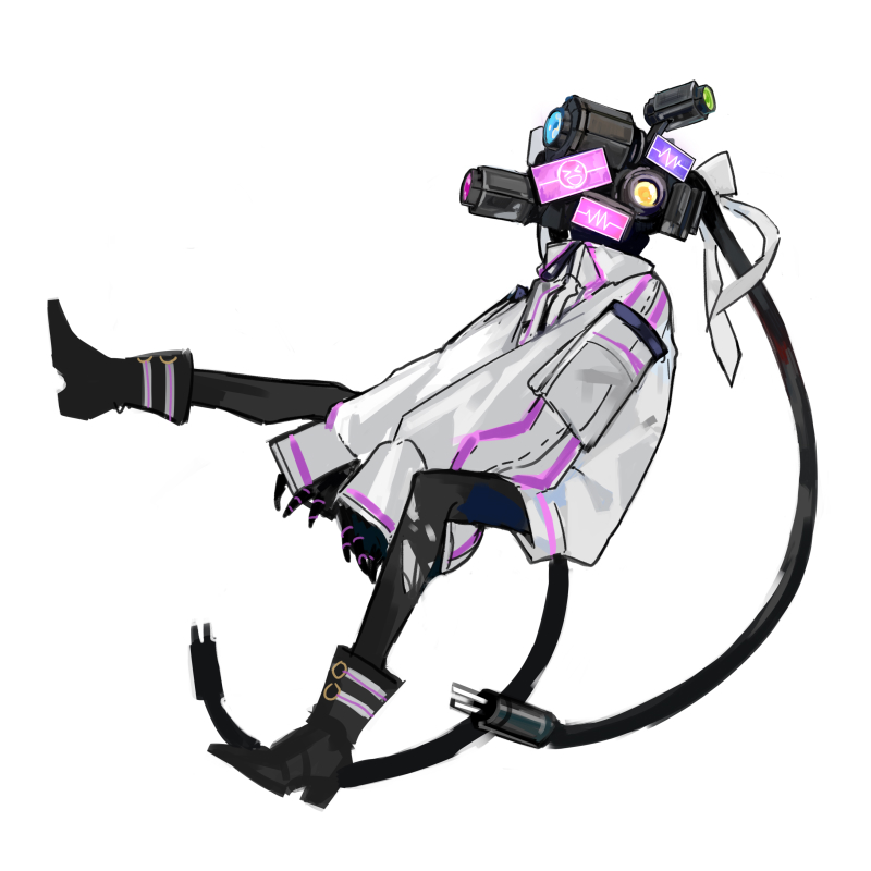 1girl, android, black_footwear, black_pantyhose, boots, bow, cable, cable_tail