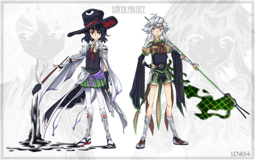 2others, absurdres, ahoge, alternate_costume, androgynous, armor, ascot, belt, belt_buckle, black_eyes, black_gloves, black_hair, black_headwear, black_shirt, brown_ascot, brown_belt, brown_footwear, brown_shorts, brown_tube_top, buckle, calligraphy_brush, clenched_hand, collar, copyright_name, detached_sleeves, english_commentary, enraku_tsubakura, eye_of_senri, eye_on_hat, faulds, fingerless_gloves, geta, gloves, green_skirt, green_trim, hakama, hakama_short_skirt, hakama_skirt, hand_on_own_hip, hat, hat_ribbon, highres, holding, holding_brush, holding_weapon, houlen_yabusame, ink, japanese_clothes, layered_sleeves, leggings, len'en, lenk64, long_sleeves, multiple_others, necktie, net, paintbrush, pauldrons, poleyn, projected_inset, puffy_short_sleeves, puffy_sleeves, purple_sash, red_necktie, red_ribbon, ribbon, ribbon-trimmed_shirt, sash, shirt, short_hair, short_hair_with_long_locks, short_over_long_sleeves, short_sleeves, shorts, shoulder_armor, signature, skirt, sleeveless, sleeveless_shirt, top_hat, wavy_hair, weapon, white_background, white_collar, white_hair, white_ink, white_leggings, white_sleeves