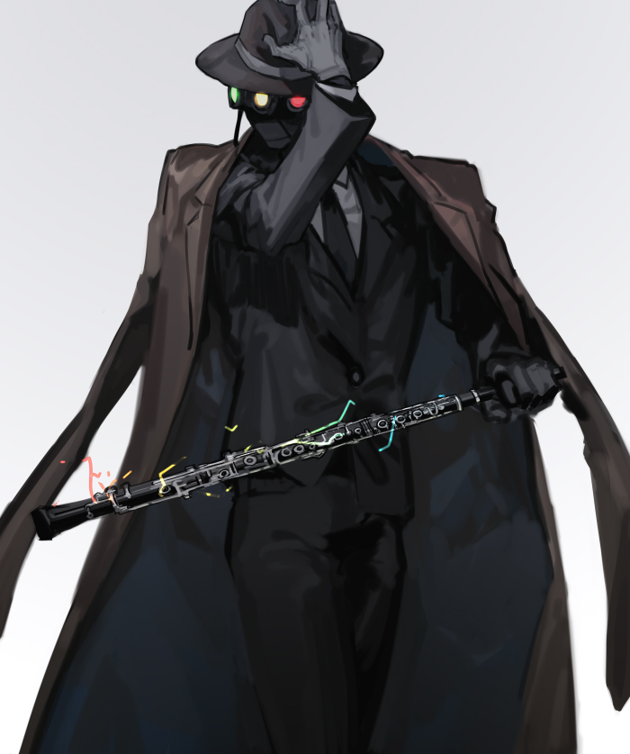 1boy, adjusting_clothes, adjusting_headwear, alloc_(project_moon), black_headwear, black_jacket, black_necktie, black_pants