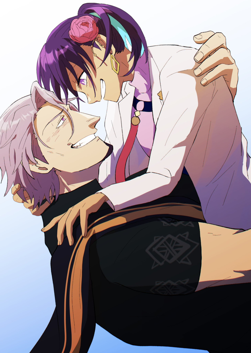 1boy, 1girl, 816_lau, ayus_(fate), black_shirt, cropped_shirt, dark-skinned_female, dark_skin