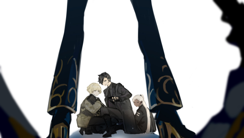 1girl, 3boys, argalia_(library_of_ruina), black_coat, black_footwear, black_hair, black_pants, blonde_hair, blue_pants, boots, coat, dark-skinned_female, dark_skin, gold_trim, high_ponytail, library_of_ruina, liwei_(project_moon), long_hair, looking_at_viewer, multiple_boys, nishikujic, pants, project_moon, scythe, shoes, simple_background, stephan_(library_of_ruina), tamaki_(library_of_ruina), very_long_hair, white_background, white_hair