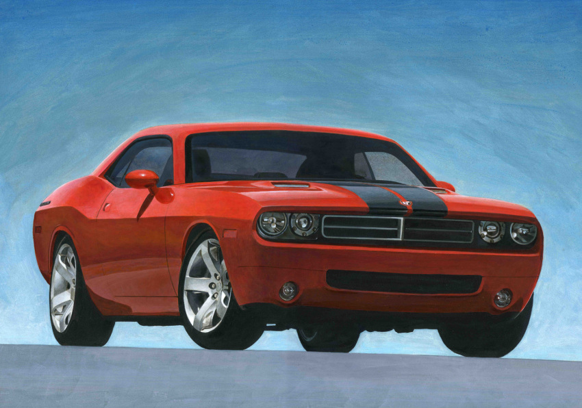 ape_(logo1113), blue_background, car, dodge_(company), dodge_challenger, highres, motor_vehicle, muscle_car