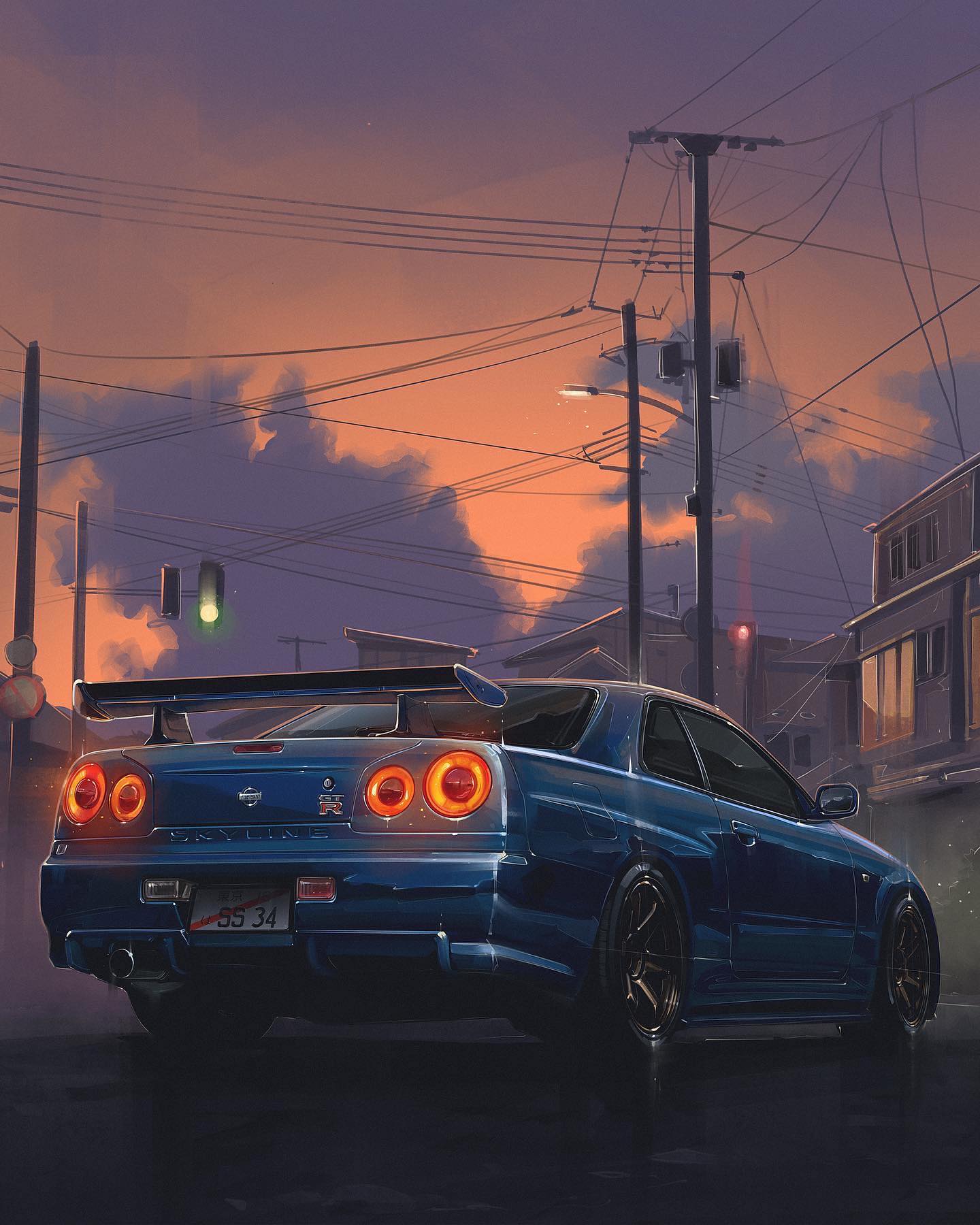 andrew_mytro, car, clouds, from_behind, glowing, highres, license_plate, light_trail
