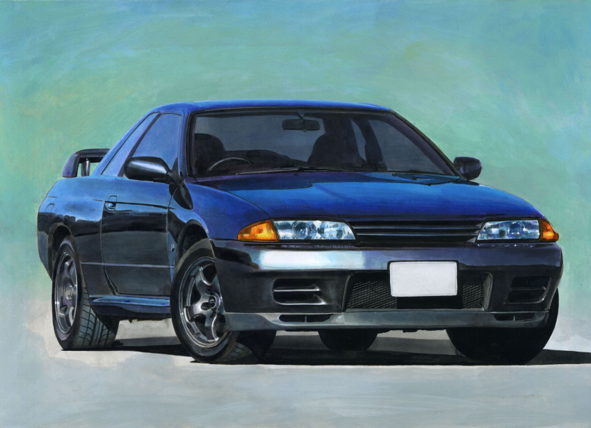 ape_(logo1113), car, highres, license_plate, motor_vehicle, nissan, nissan_skyline, nissan_skyline_gt-r, nissan_skyline_r32, no_humans, original, painting_(medium), shadow, spoiler_(automobile), traditional_media, vehicle_focus