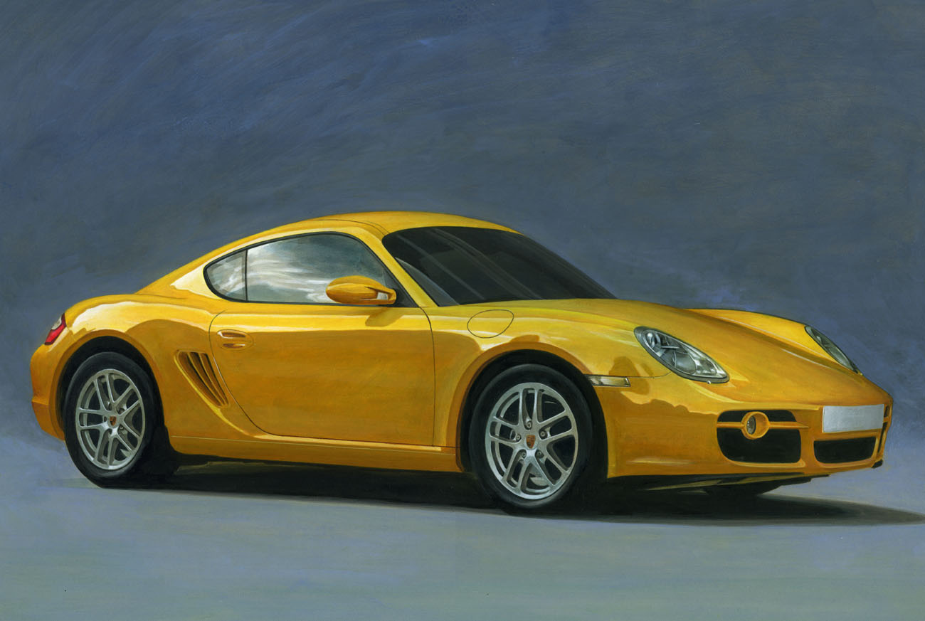 ape_(logo1113), car, from_side, grey_background, motor_vehicle, no_humans, original, painting_(medium), porsche, porsche_cayman, shadow, traditional_media, vehicle_focus