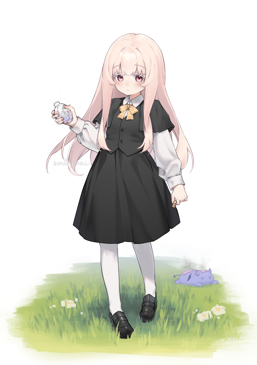 1girl, 1other, absurdres, aged_down, artist_name, blanche_neige_(svet_yomi), blush, bottle, child, demon, eyebrows_hidden_by_hair, female_child, flower, grass, habit, hair_between_eyes, heart, highres, holy_water, long_hair, long_sleeves, looking_at_viewer, nun, original, pantyhose, pink_eyes, sidelocks, svet_yomi, water_bottle, white_hair, white_pantyhose