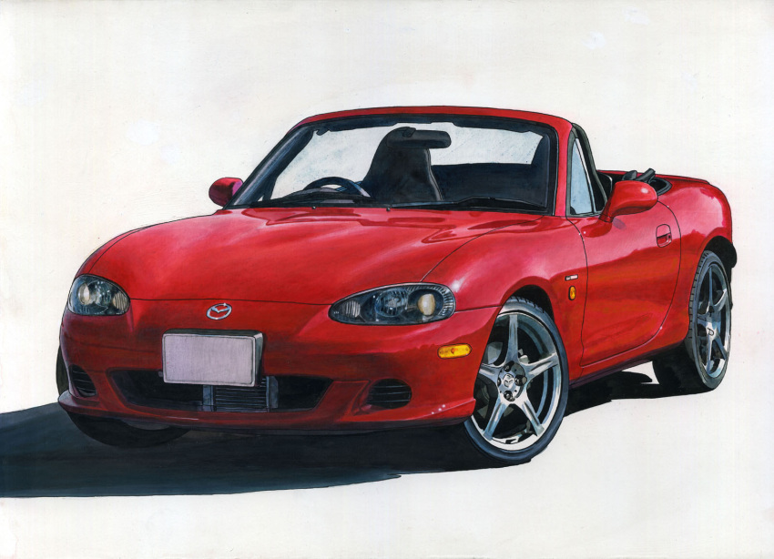 ape_(logo1113), car, convertible, highres, mazda, mazda_mx-5, mazda_mx-5_nb, motor_vehicle, no_humans, original, painting_(medium), shadow, sports_car, traditional_media, vehicle_focus, white_background