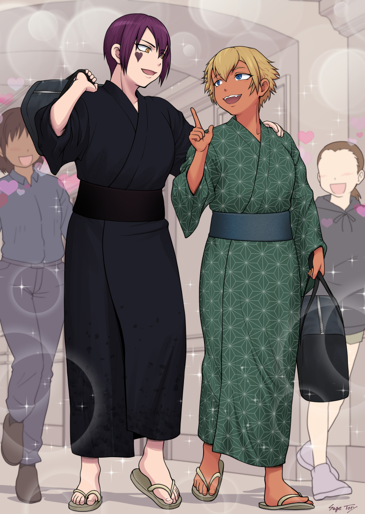 2girls, bag, black_kimono, blonde_hair, blue_eyes, borrowed_character, breasts, commission