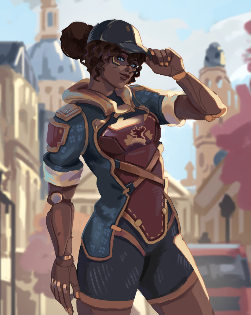 1girl, blue_eyes, building, dark-skinned_female, dark_skin, day, elaimart, english_commentary