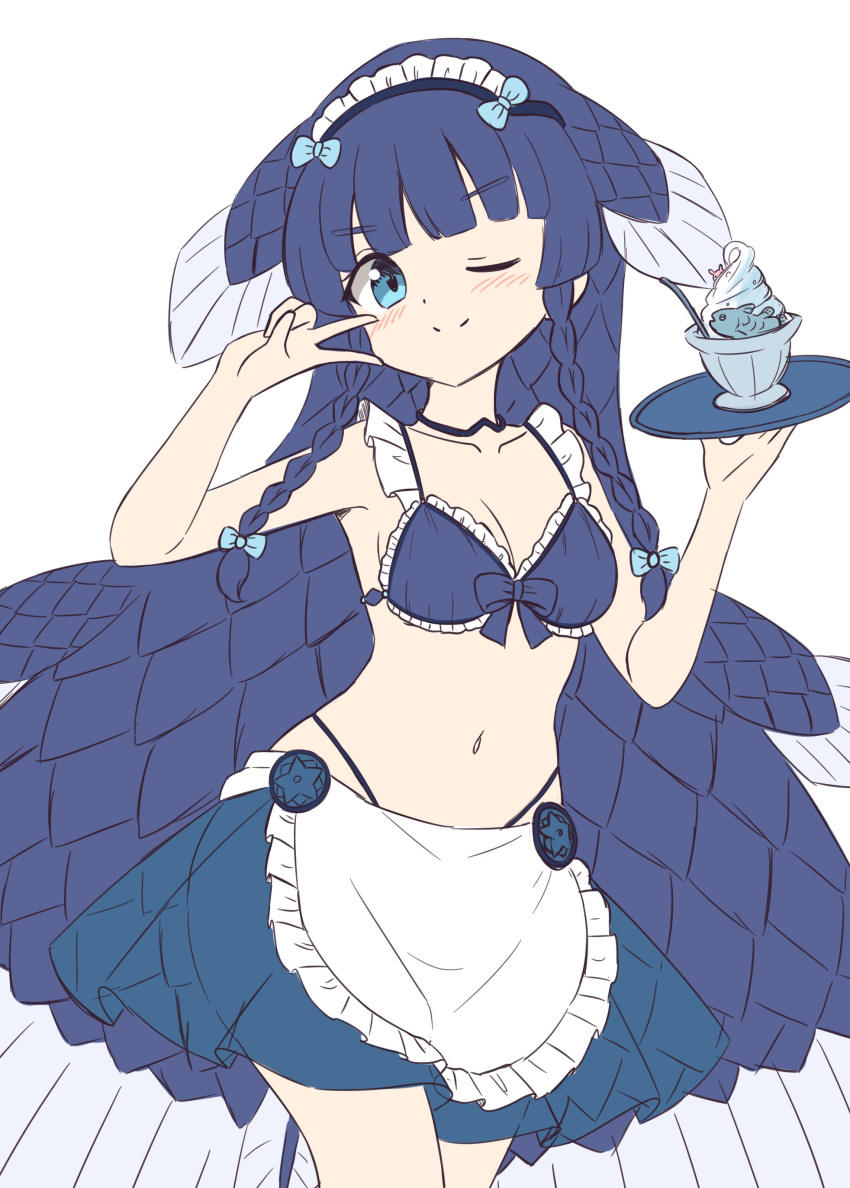 1girl, absurdres, alternate_costume, apron, bikini, blue_bikini, blue_choker, blue_eyes