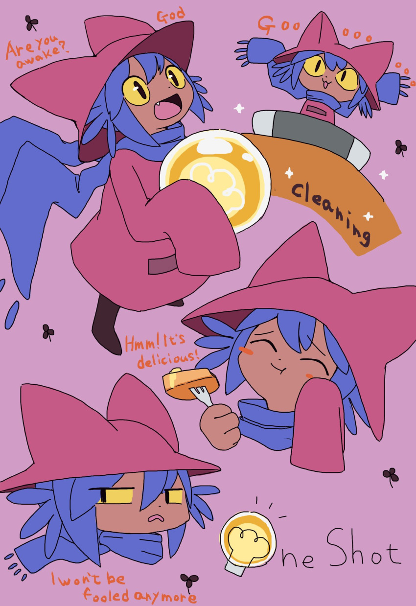 1other, akumesik, androgynous, animal_ears, animal_hat, blue_hair, blue_scarf, blush, brown_headwear, brown_tunic, cat_ears, cat_hat, chibi, eating, english_text, food, hat, highres, light_bulb, niko_(oneshot), oneshot_(game), open_mouth, pancake, scarf, slit_pupils, whiskers