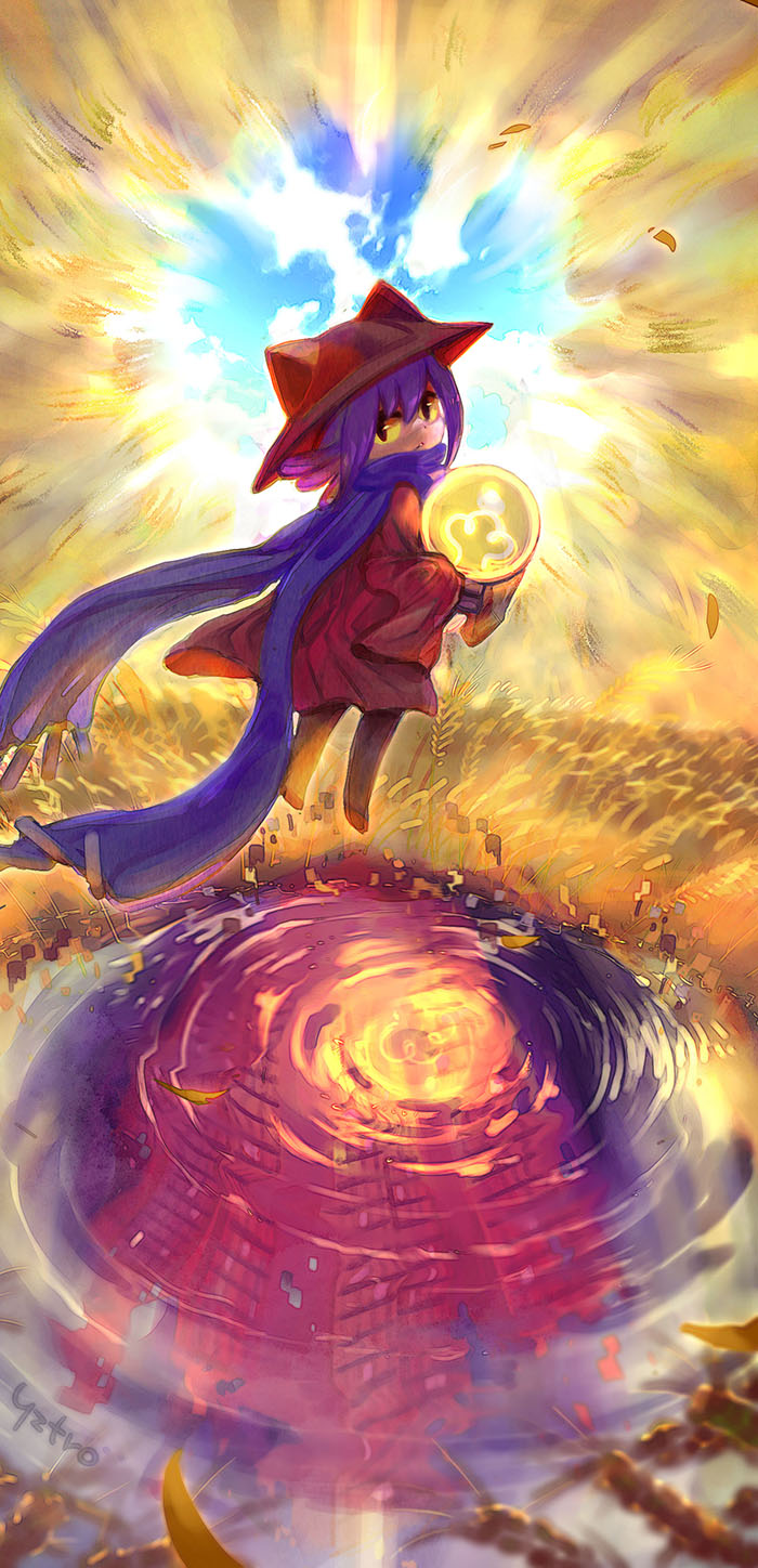 1other, androgynous, animal_ears, animal_hat, blue_hair, blue_scarf, brown_headwear, brown_tunic
