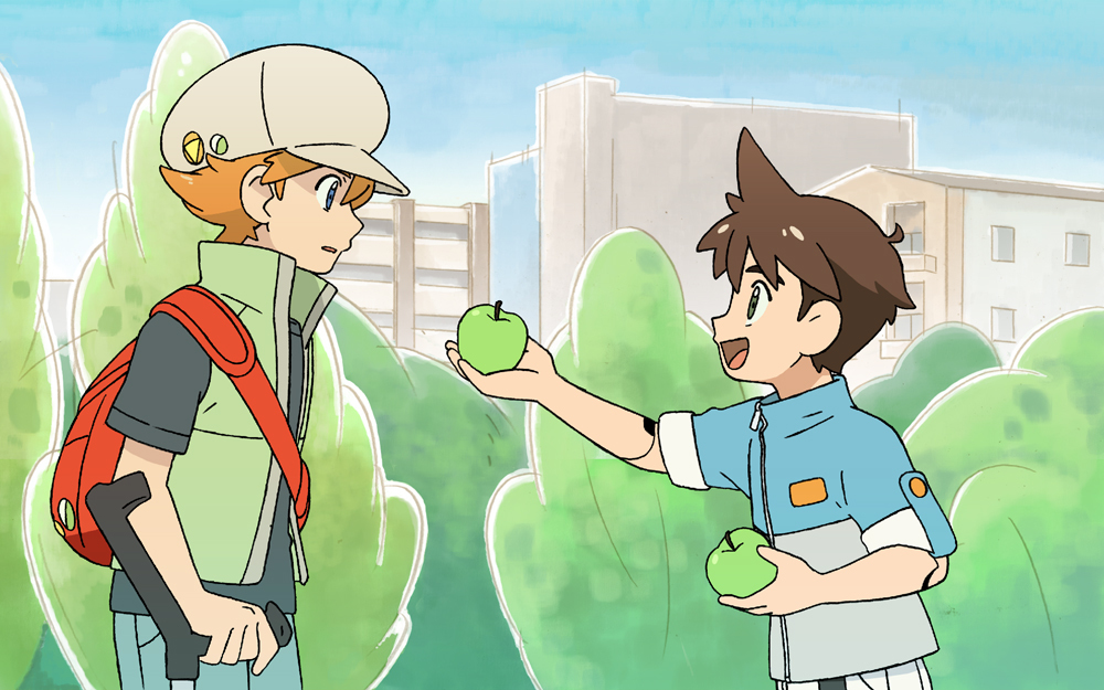 2boys, android, apple, blue_eyes, brown_hair, food, fruit, goshogawara_elm