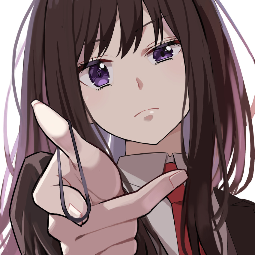 1girl, aiming_at_viewer, black_hair, black_jacket, blazer, collar, eyelashes, fingernails