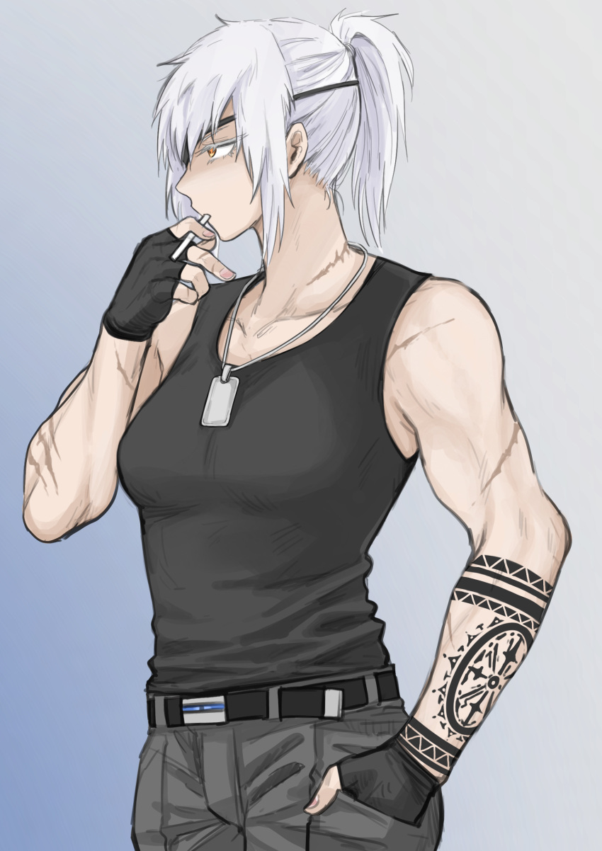 1girl, black_shirt, breasts, cigarette, colored_eyelashes, eyepatch, fingerless_gloves, fuku_(fuku12290574)